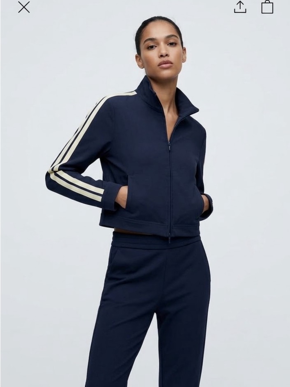 Zara Navy Bomber Jacket with Cream Shoulder Stripes